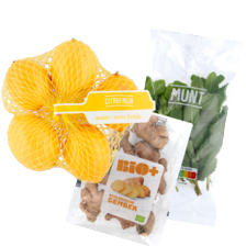 Citroenen net à 500 gram,
gember zakje à 150 gram
of munt zakje à 40 gram